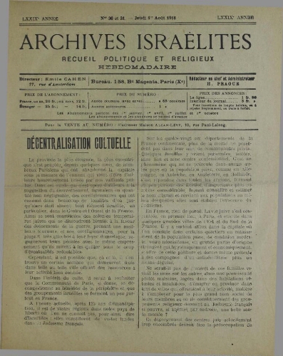 Archives israélites de France. Vol.79 N°30-31 (01 août 1918)